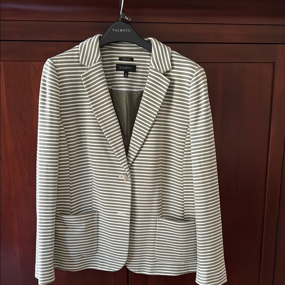 Talbots olive green knit Blazer with Horizontal Stripes
